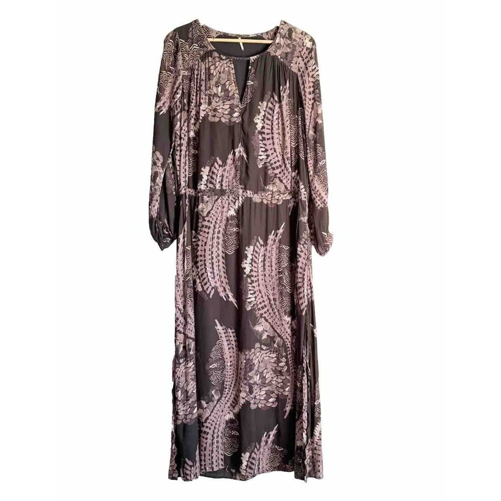 Free People Out Of The Woods Women's Side Slit Maxi Dress Raven Combo SZ Medium